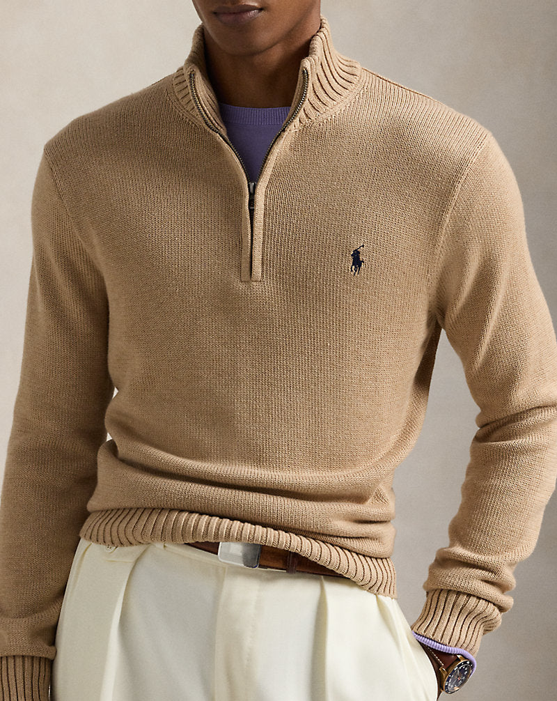 Cotton Quarter-Zip Jumper Camel Melange