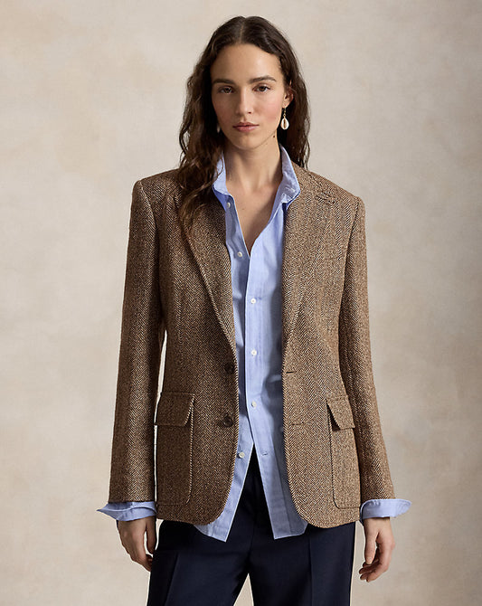Herringbone Linen-Blend Blazer Brown/Cream Herringbone